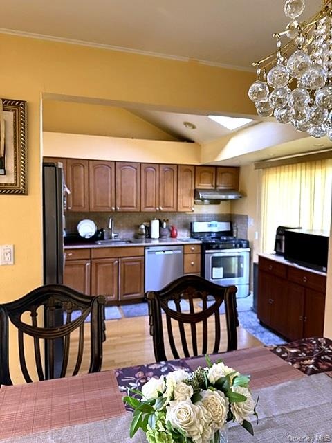 Kitchen featuring wood cabinetry, stainless steel appliances, and a skylight