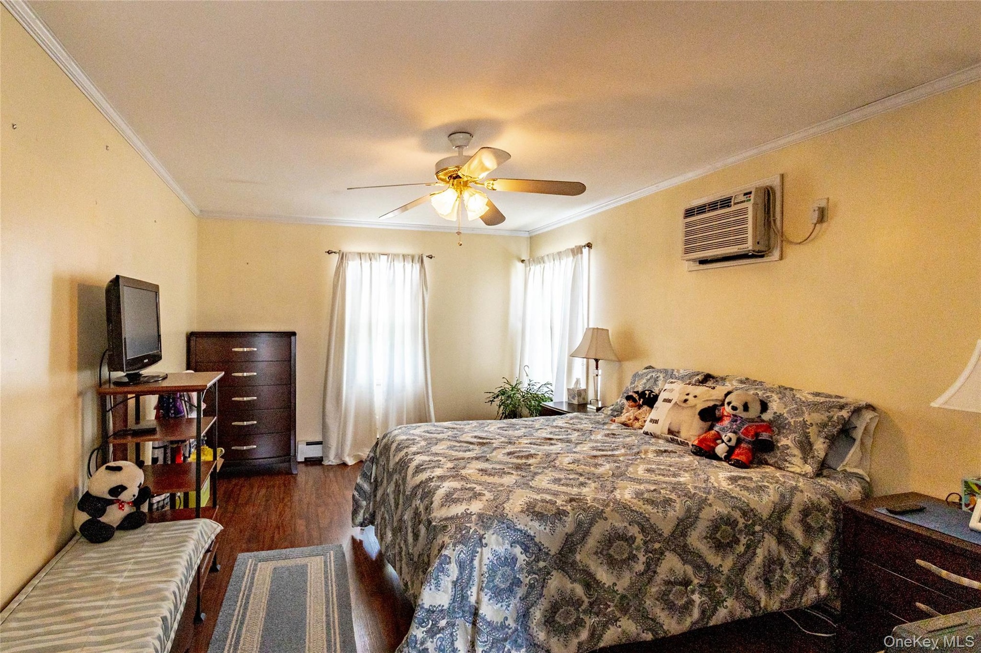 Wood-finish flooring with crown molding, ceiling fan, two windows with blinds, and wall-mounted air conditioning unit