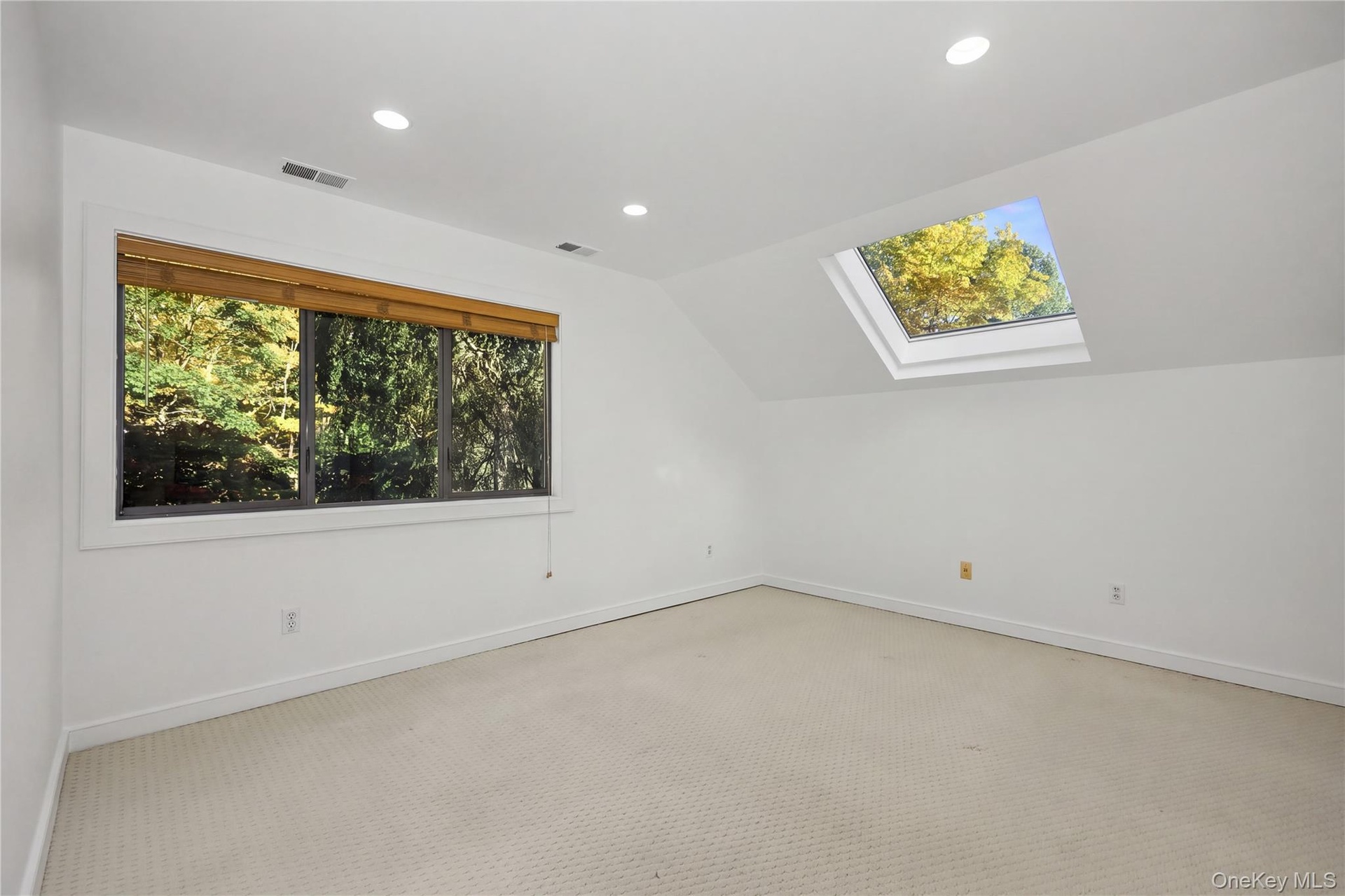 Bedroom 5 with skylight and wooded views.