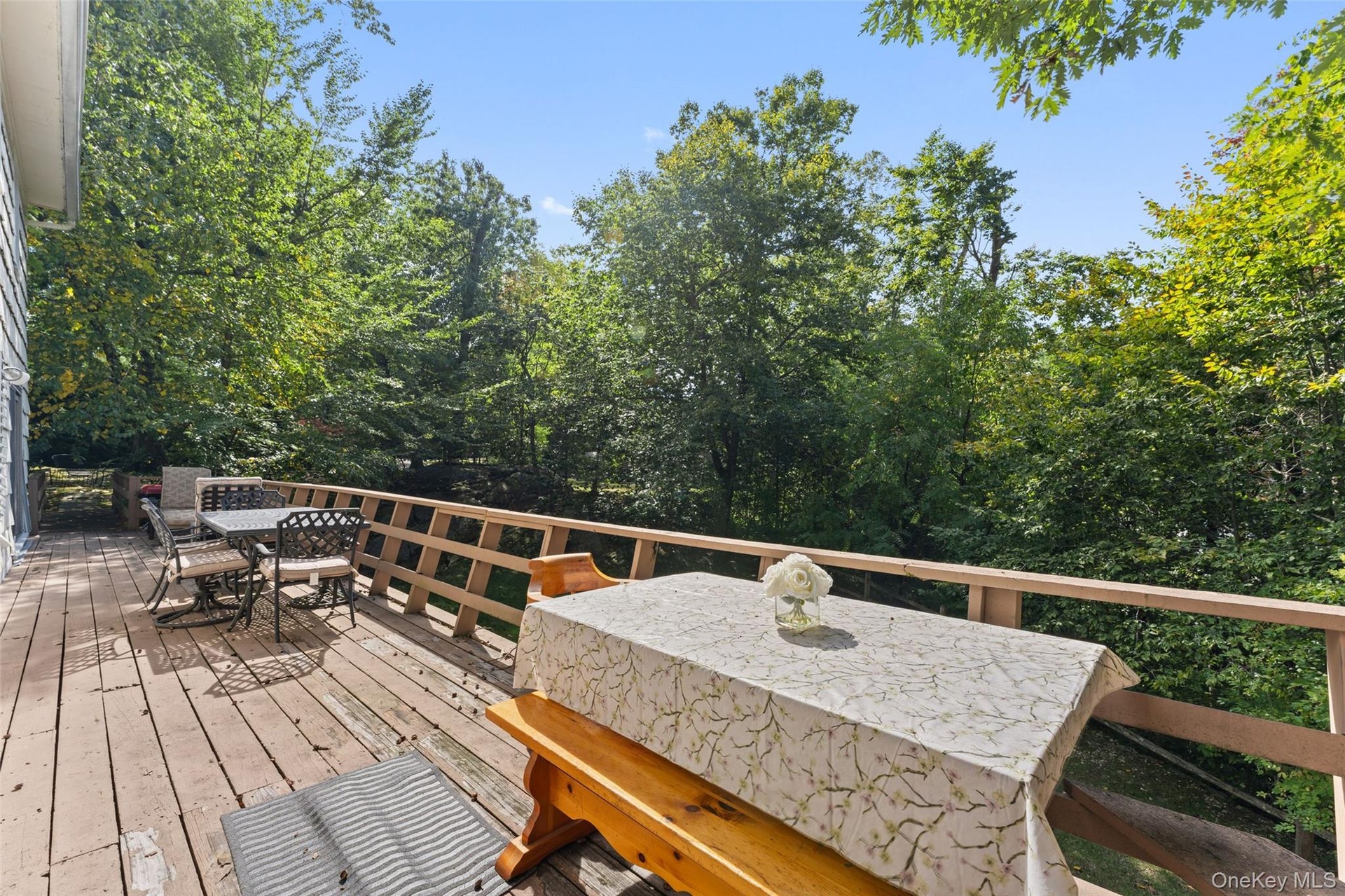 Expansive wood deck with a perimeter railing.