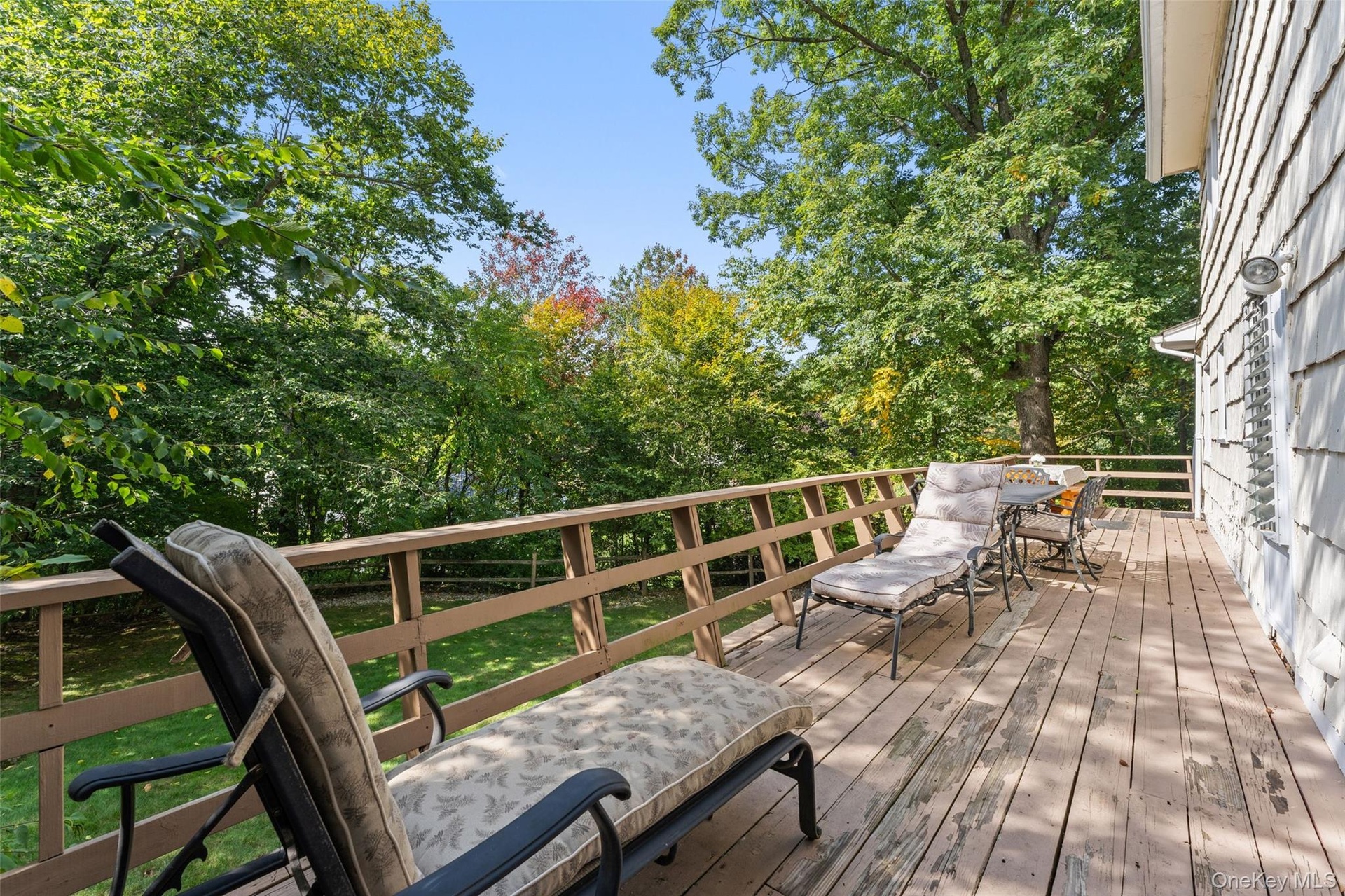 Expansive wood deck with a perimeter railing.