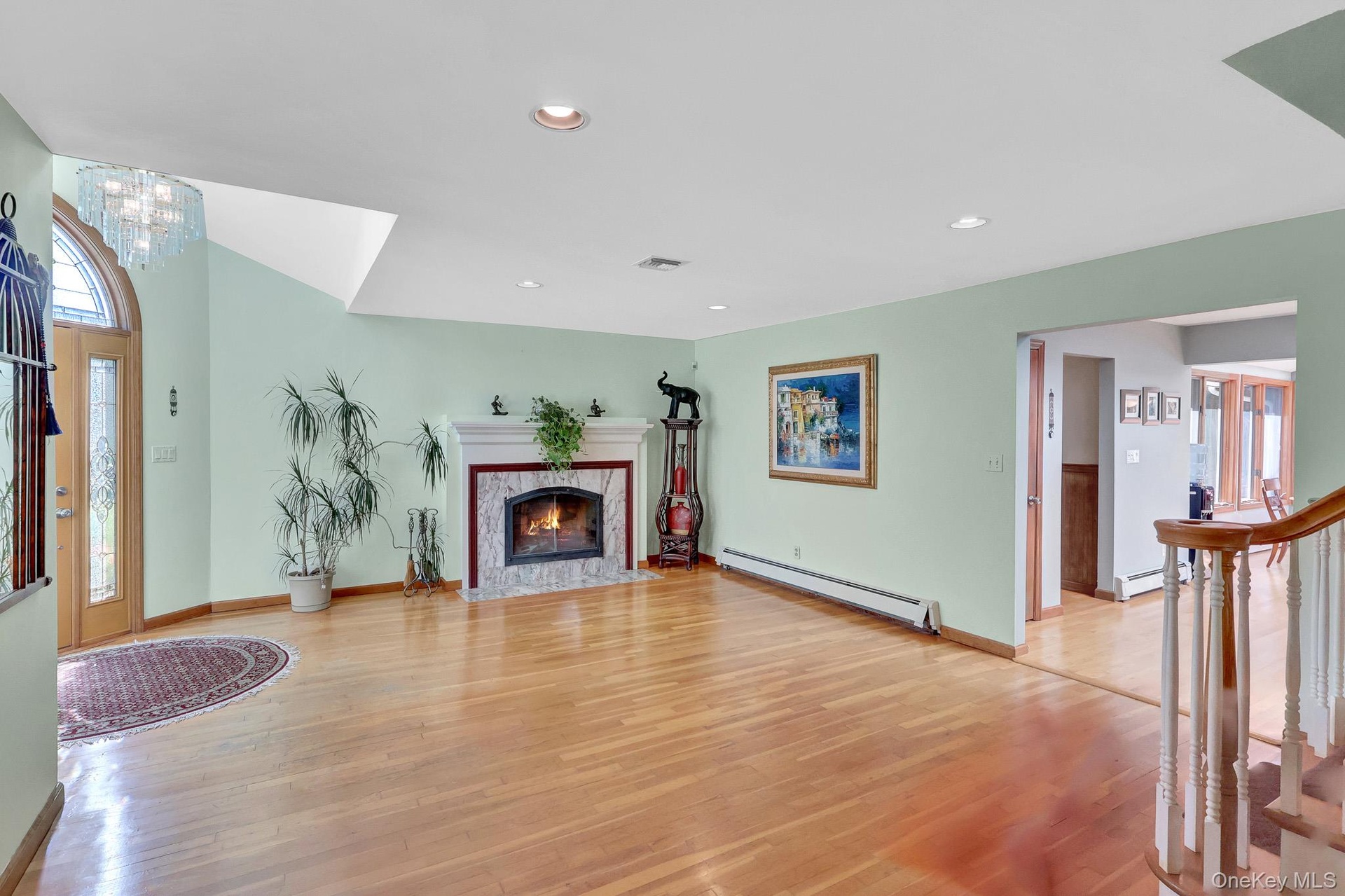 enter into a lounge area with fireplace