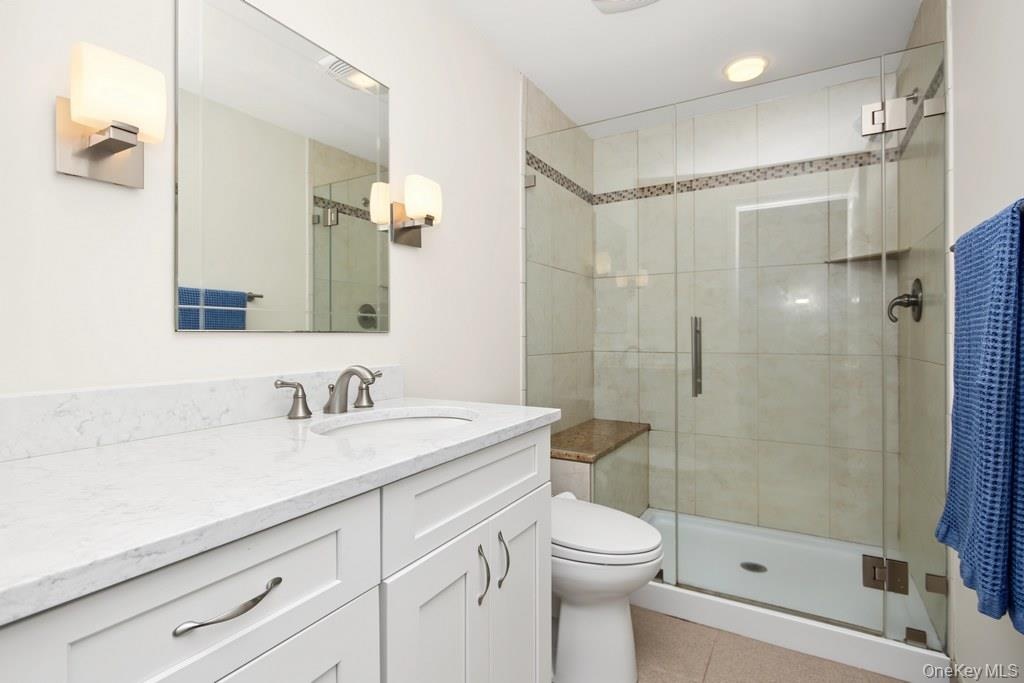 Bathroom on lower level has a stall shower with glass door and seating