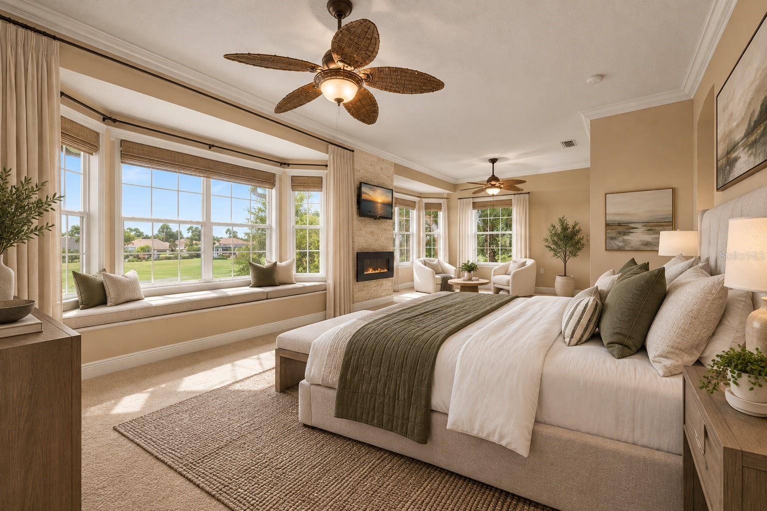 A spacious, light-filled retreat with expansive windows, a built-in window seat, and beautiful views.
