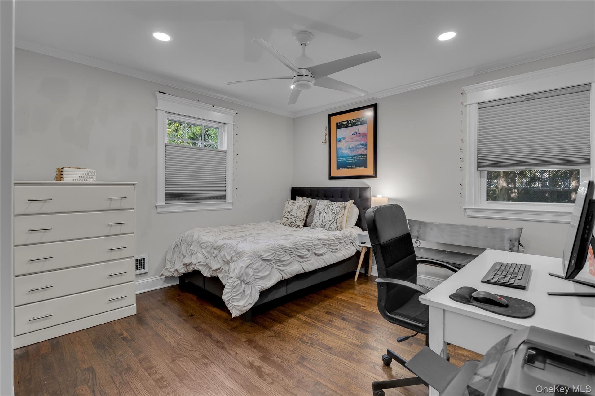 Recessed lighting, wood-finish flooring, ceiling fan, and crown molding