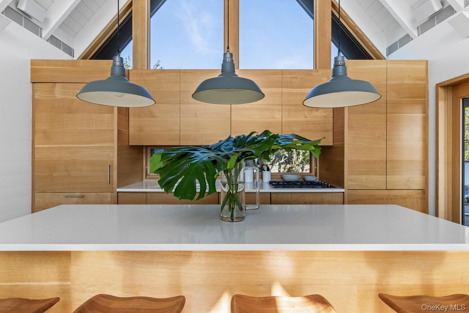 With ceasarstone island and birch veneer cabinetry.