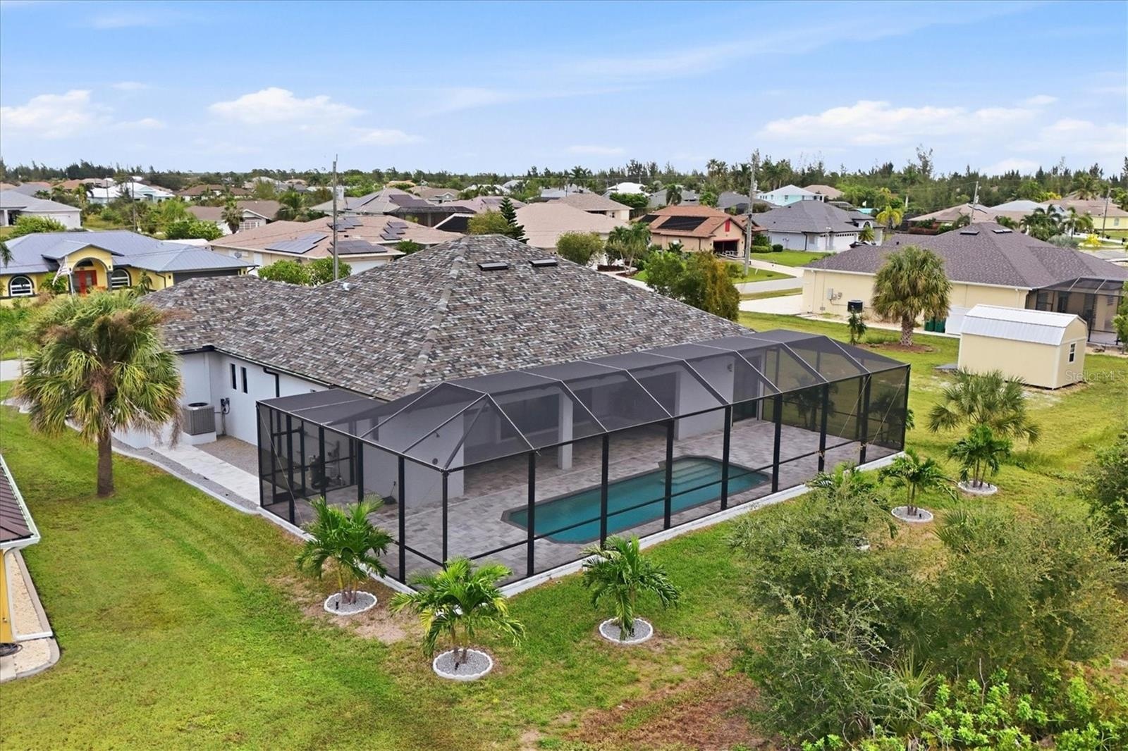 Oversized lanai space with beautiful christmas tree palms bordering the back of the property