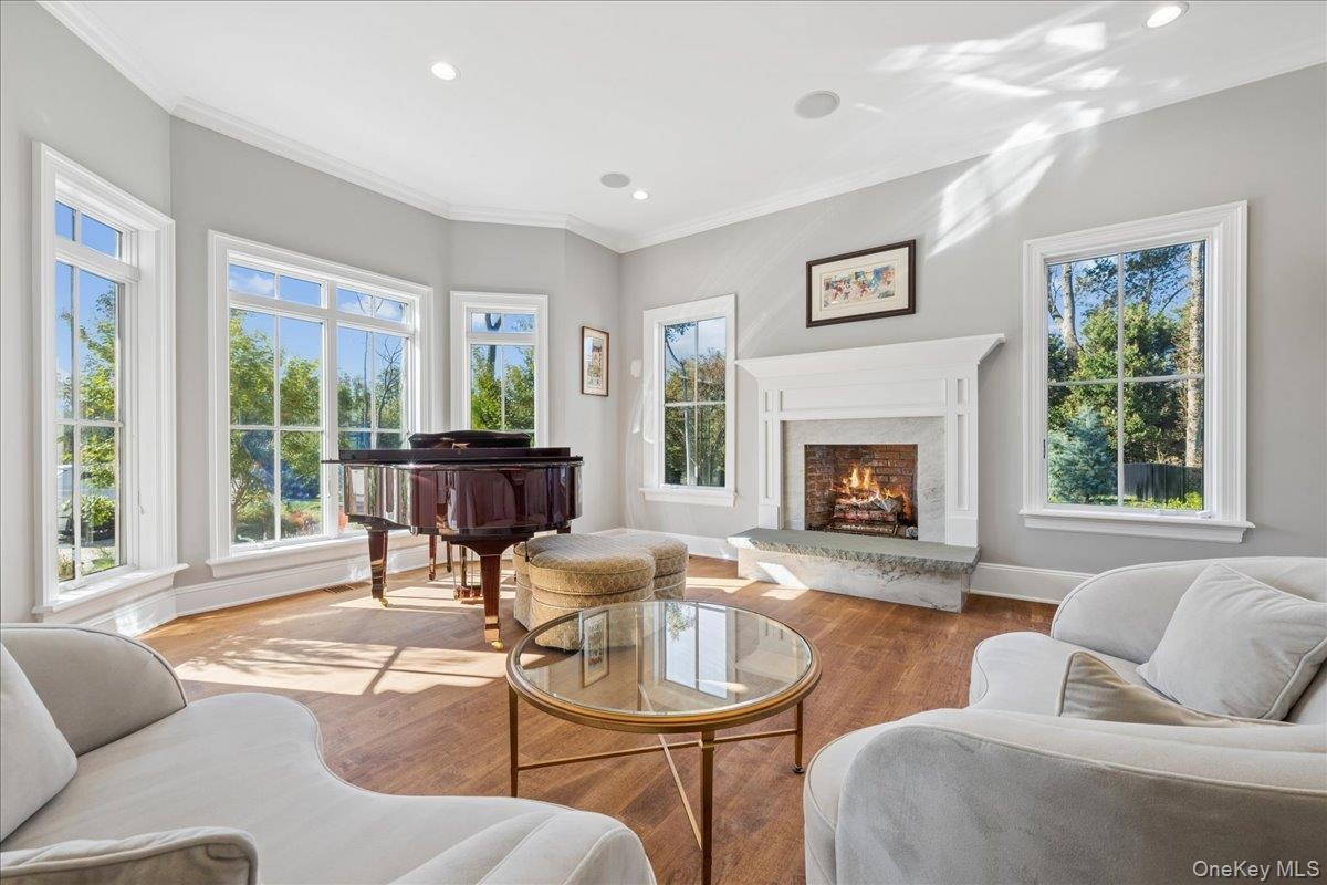 Wood-finish flooring, recessed lighting, crown molding, a built-in fireplace with a stone hearth, and multiple windows with white trim