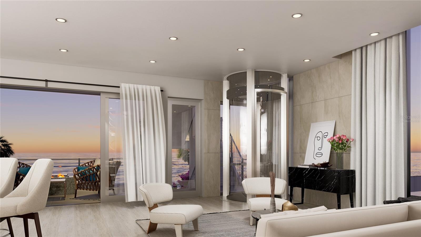 Living Room Ocean view at dusk.- Virtually Staged