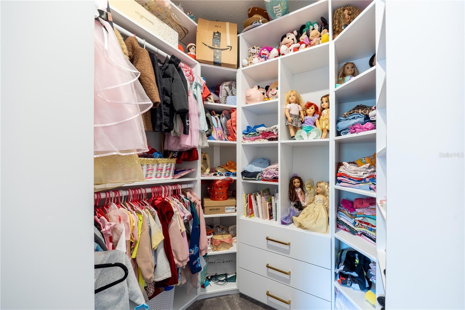 Custom walk-in closet with built-in shelving, drawers, and double hanging rods.