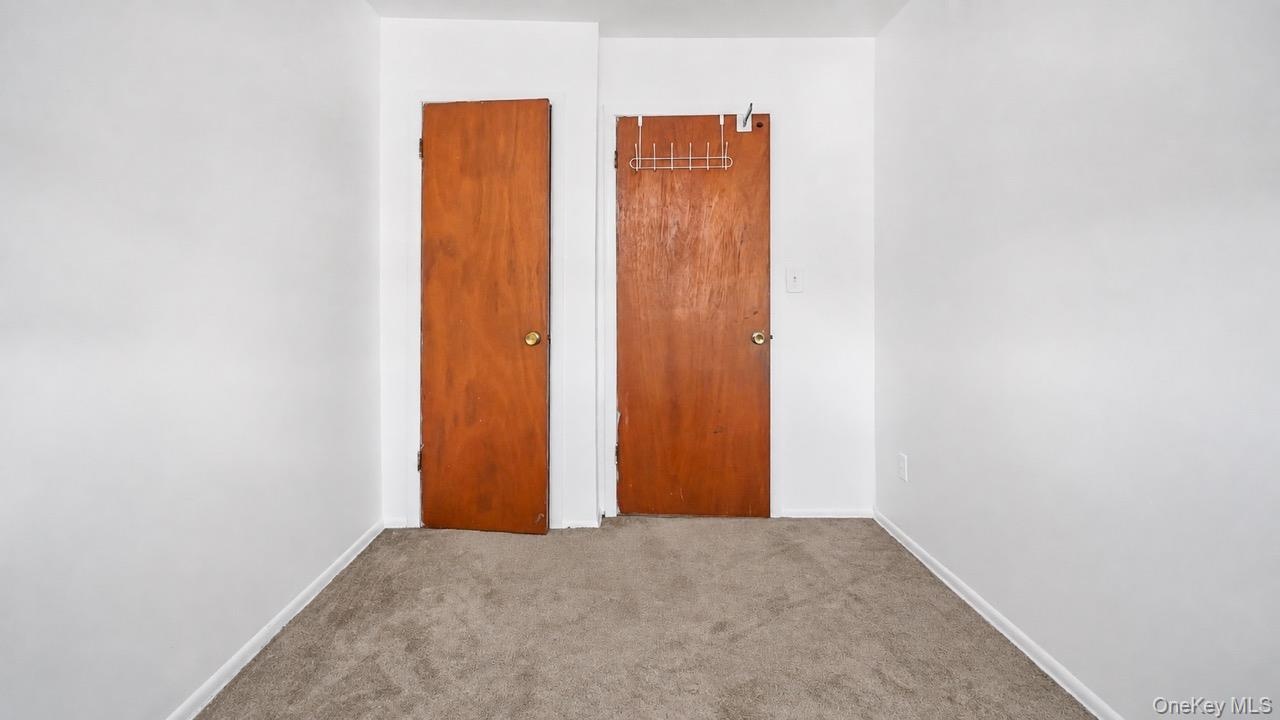 Neutral-toned carpeting paired with white walls, featuring two wood-panel doors