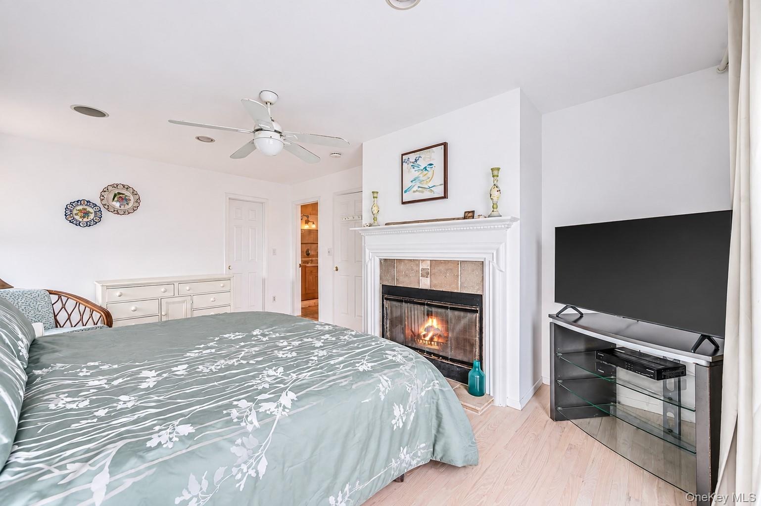 Wood-finish flooring, ceiling fan, built-in fireplace