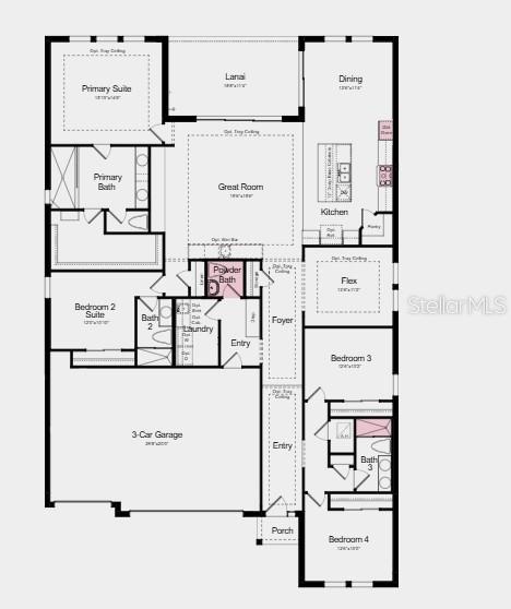 Floor Plan - Additional Highlights Include: tray ceiling package, shower in bathroom 3, powder room, 8' interior doors, outdoor kitchen rough-in, pre-