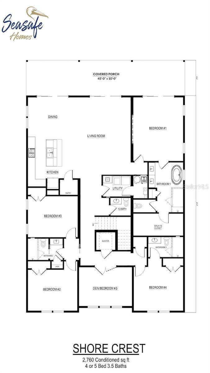 Floor plan of the main living floor of a SeaSafe home you can build on this lot (other models and floor plans available).