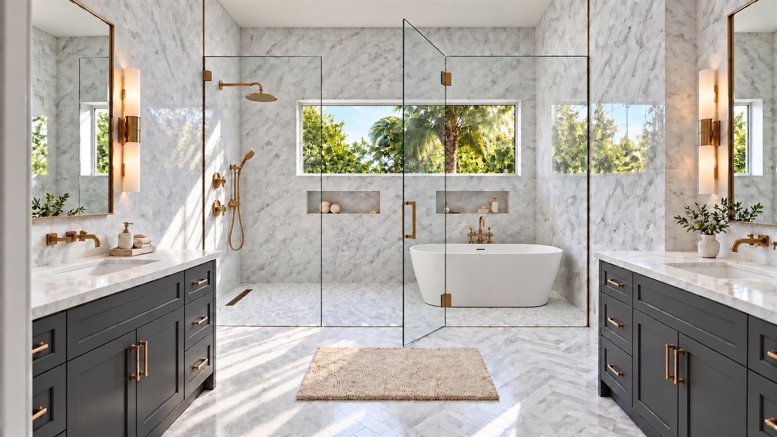 Primary bathroom. Tile installed. Virtually staged.