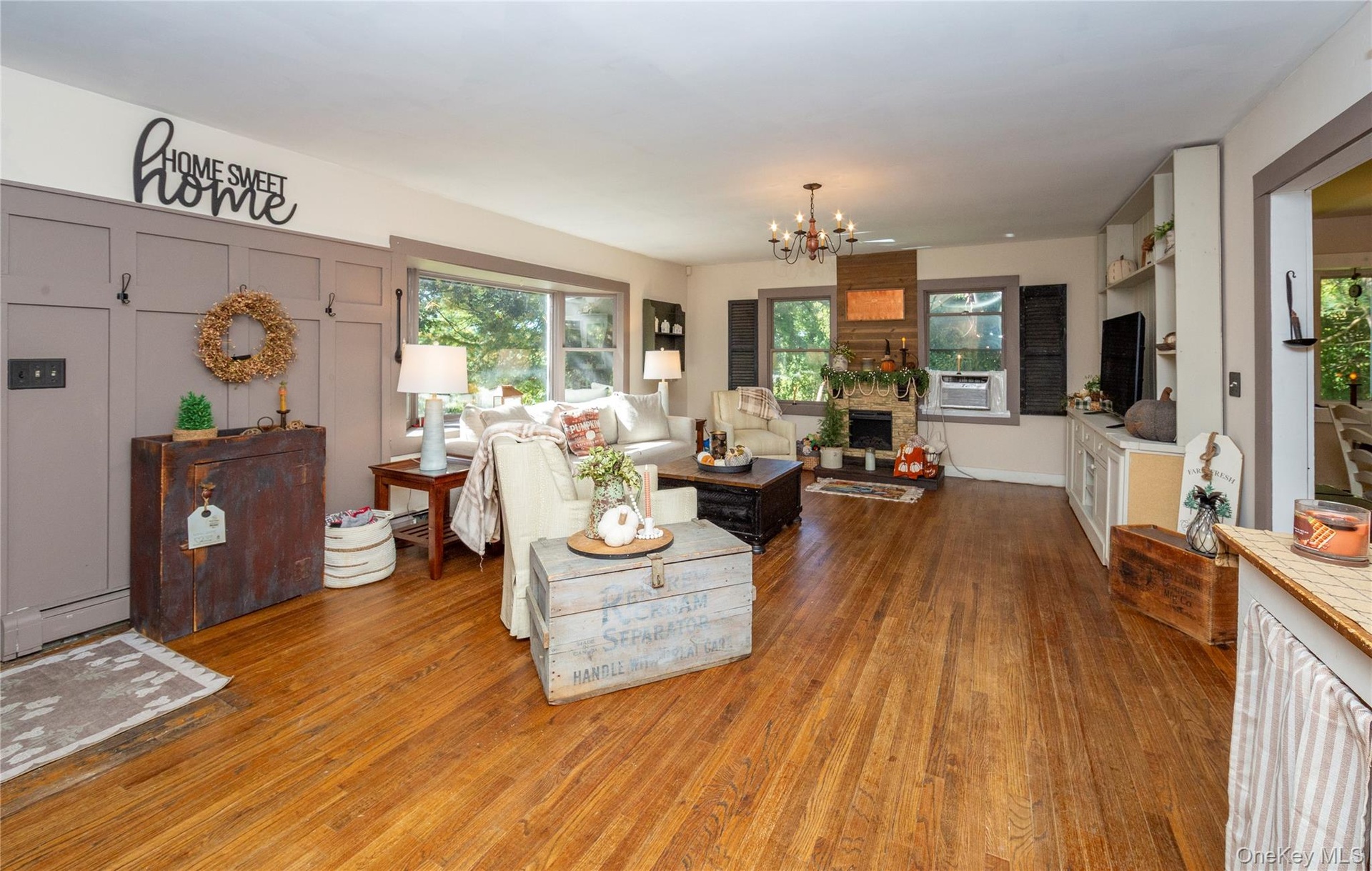 The decorative fireplace is the perfect spot for a wood burning fireplace or pellet stove.