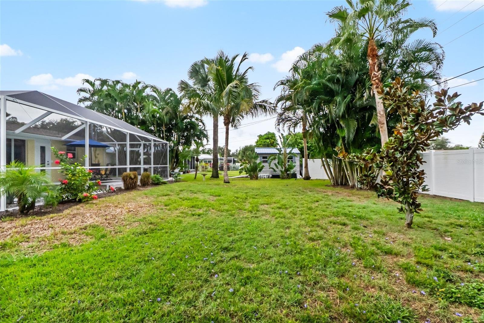 Backyard view of the screened pool enclosure.