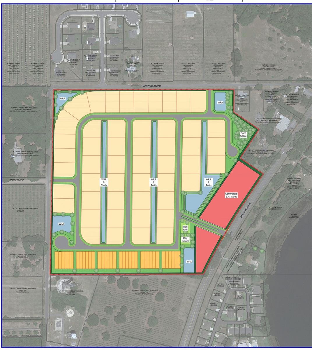 Concept plan: 85 units, homesites + townhomes, 3.41 ac commercial (LPG, Aug 2023)