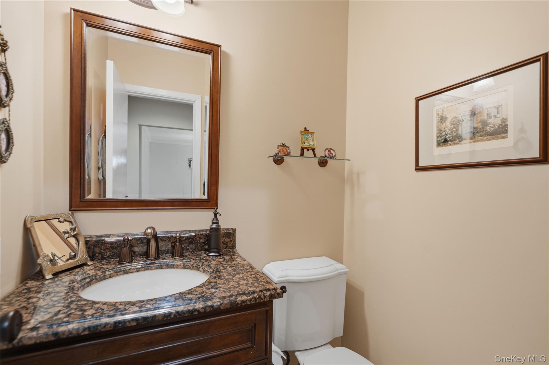 Beautiful 1st Floor Powder Room! Granite Topped Custom Wood Vanity & Porcelain Tile Floors!