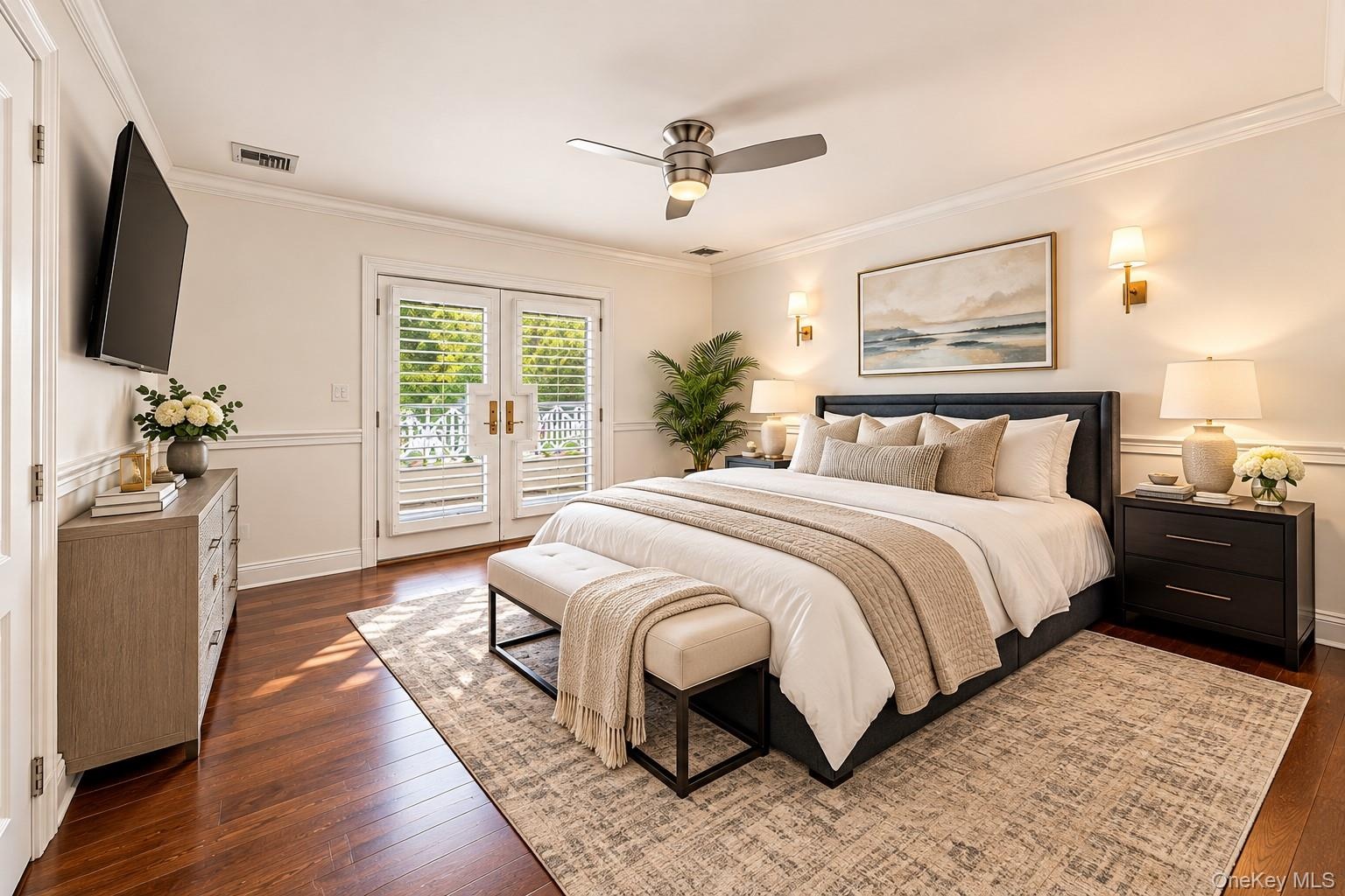 Hardwood flooring, crown molding, double French doors with interior shutters, wall-mounted sconces, and a ceiling fan with integrated lighting