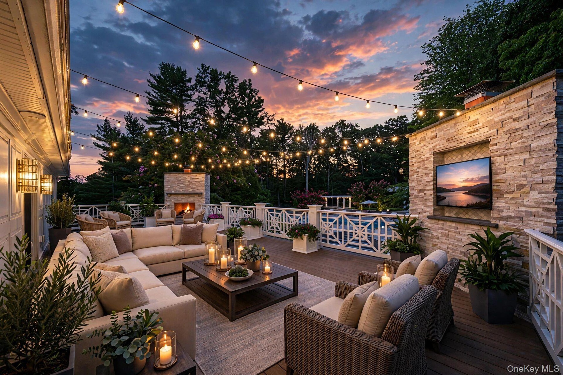 Expansive outdoor deck featuring composite decking, a stone-clad fireplace, and a built-in entertainment niche