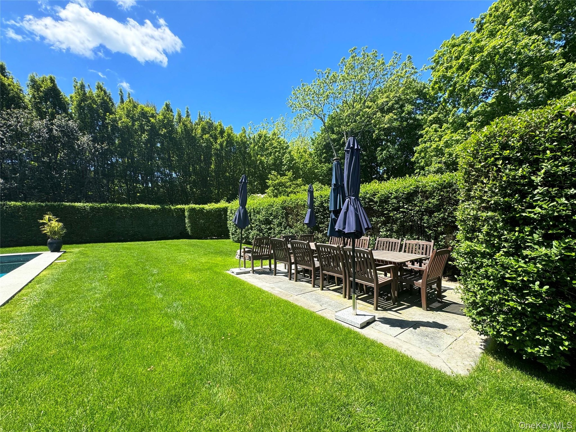 View of green lawn with a patio