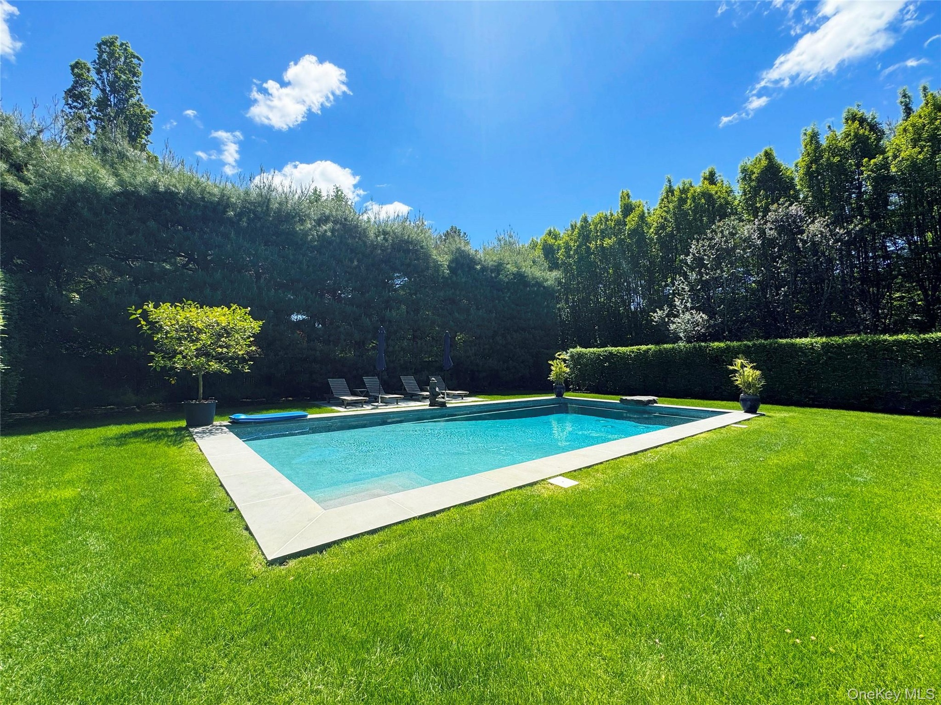 View of swimming pool with a yard