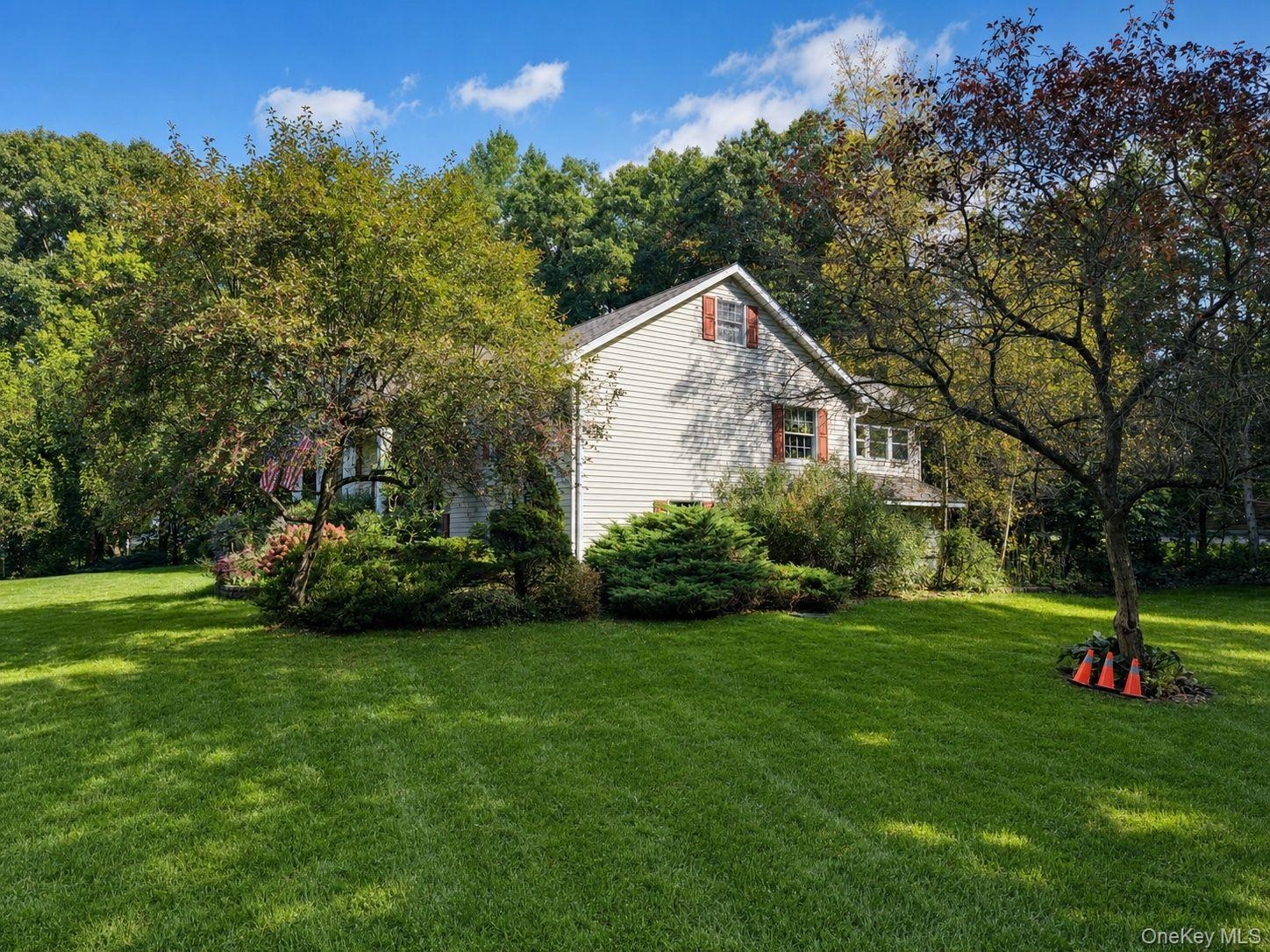 Side yard with mature landscaping and trees