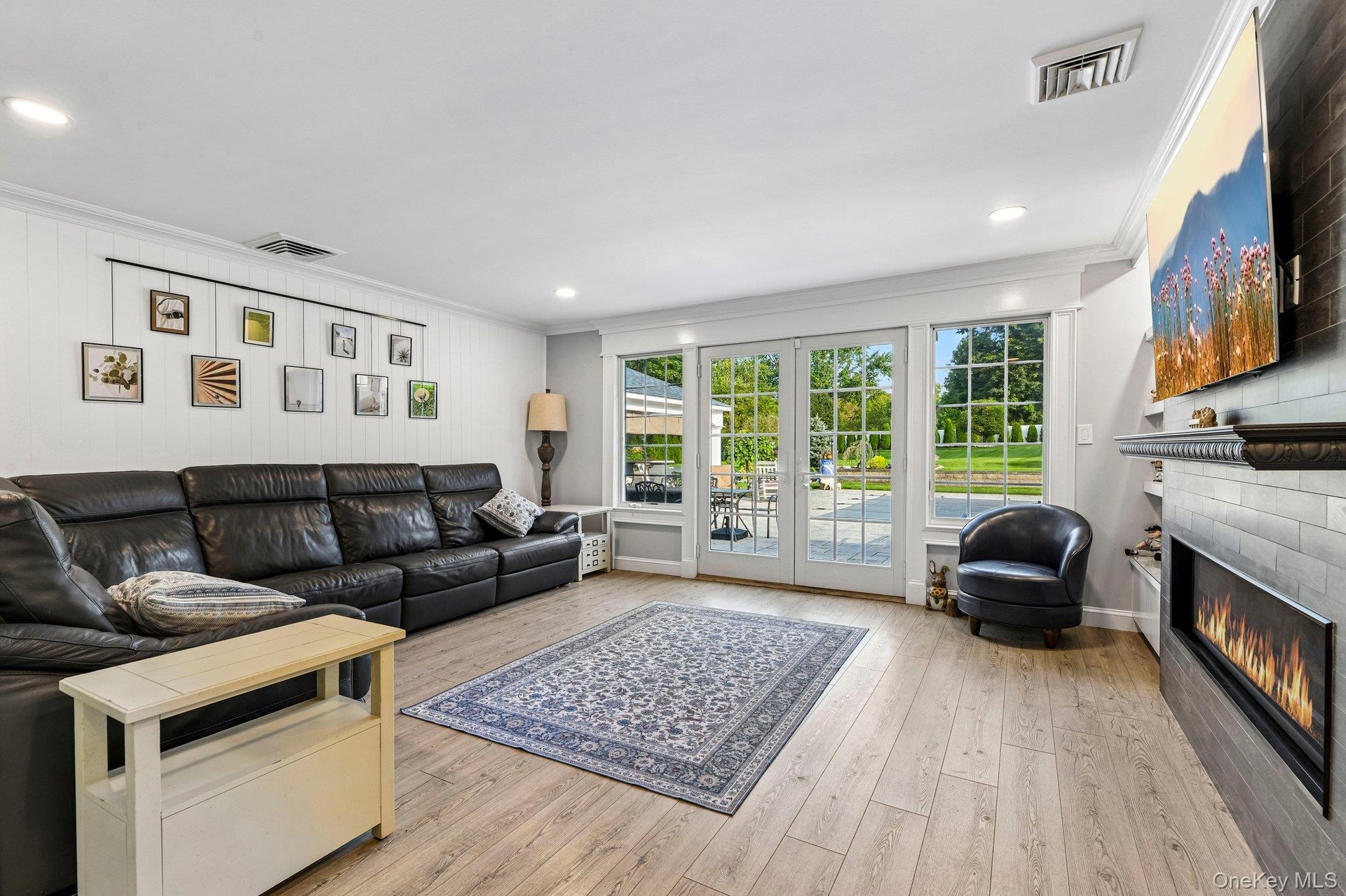 French Doors to Country Club Yard, Electric Fireplace