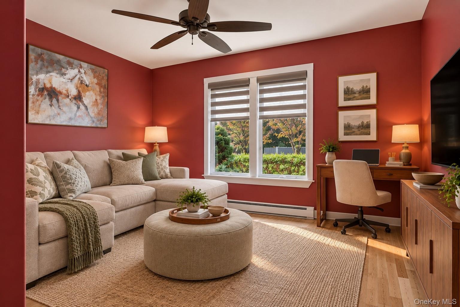 Virtually staged Den/home office.  Lots of possibilities