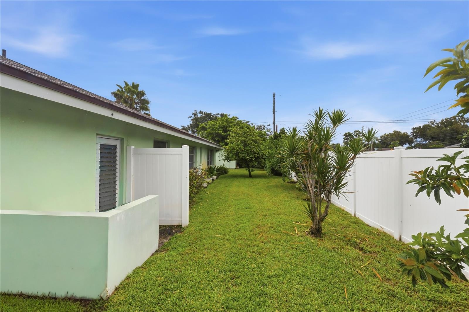 side yard with fruit trees and garage access door