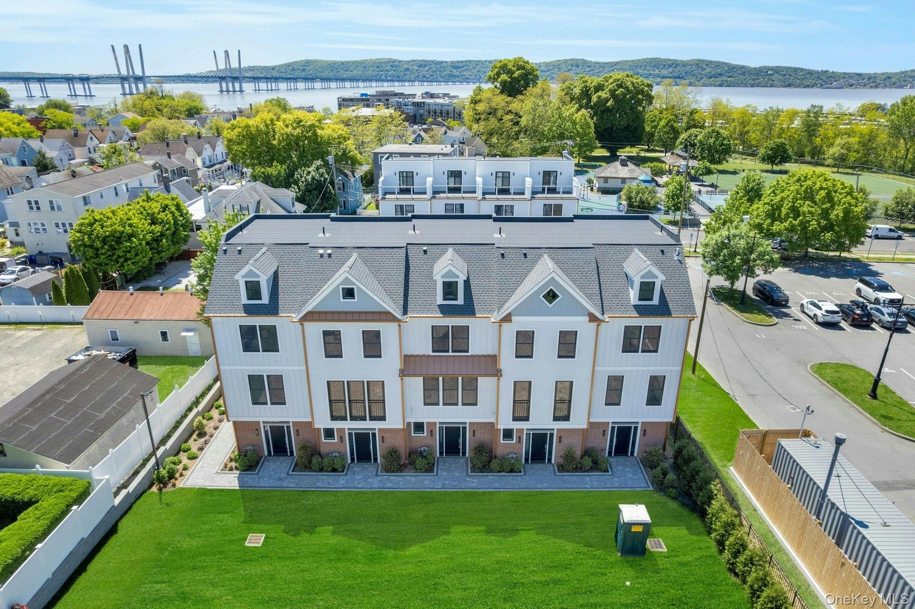 Aerial view of front of building.