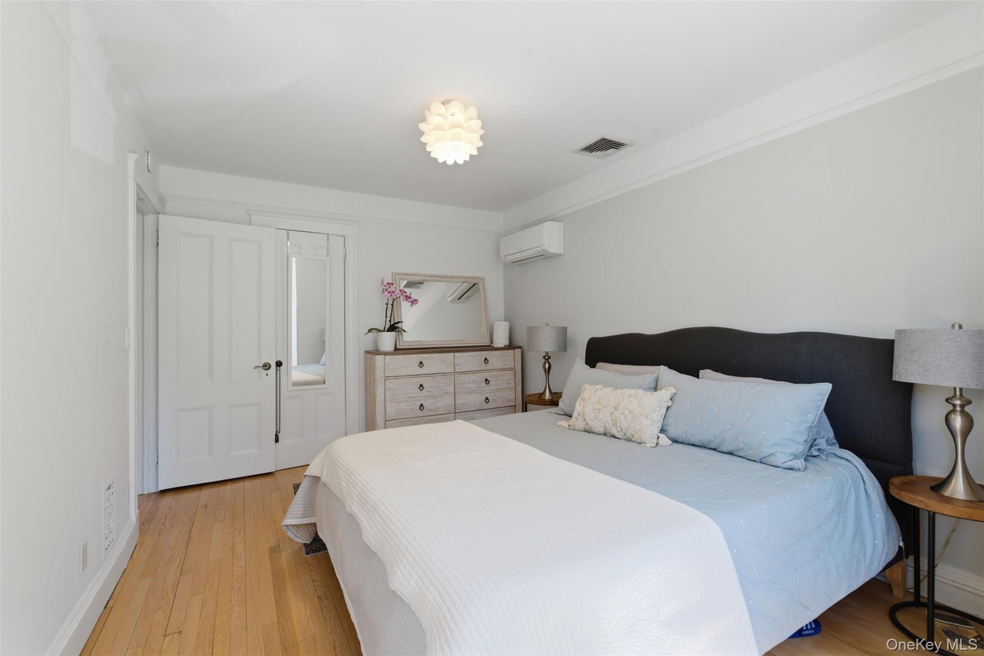 Wood-finish flooring, white walls, white trim, dual white paneled doors, and a decorative ceiling light fixture