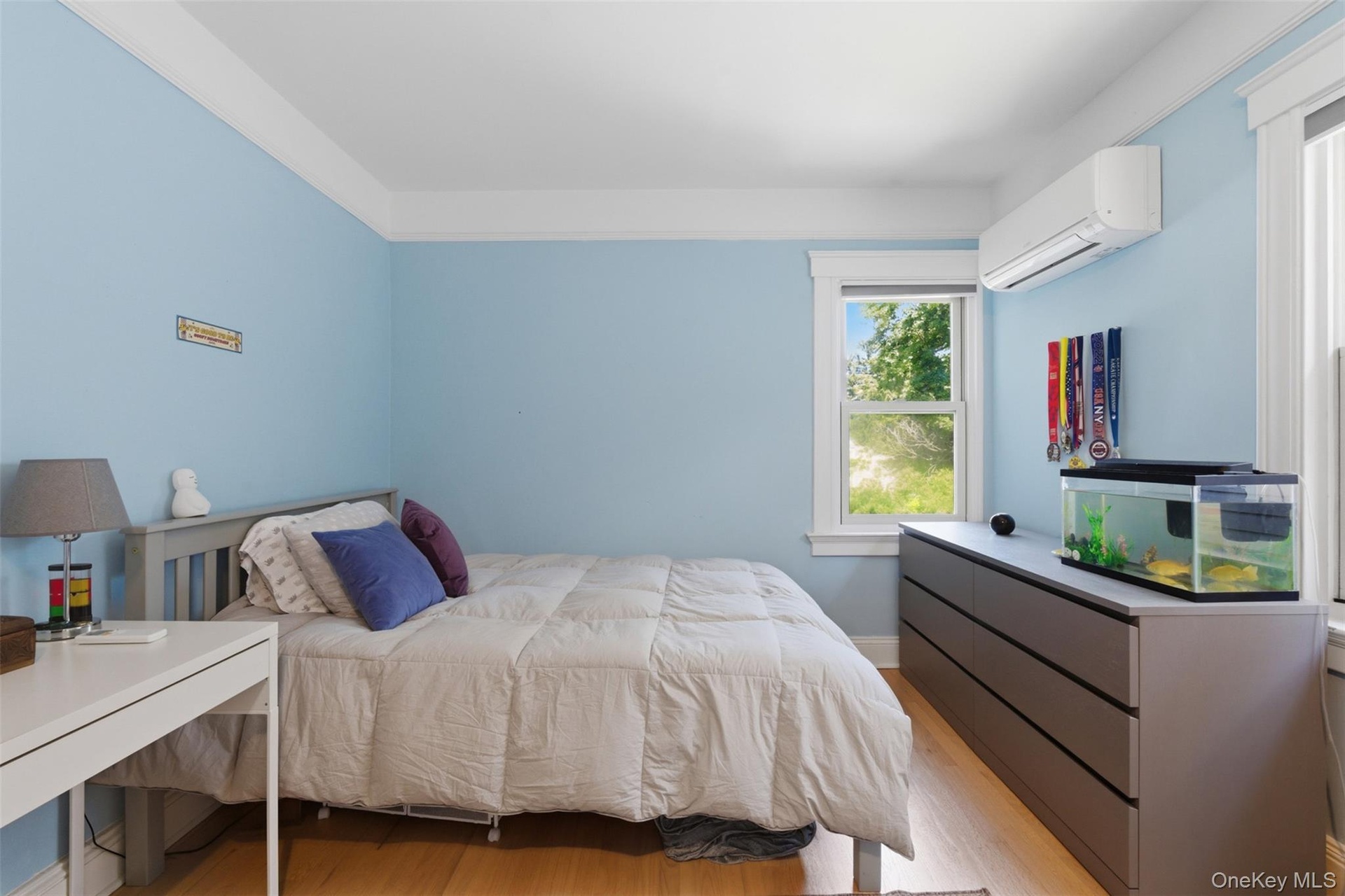 Hardwood flooring, window with natural light, crown molding, modern wall-mounted air conditioning unit, and a built-in dresser
