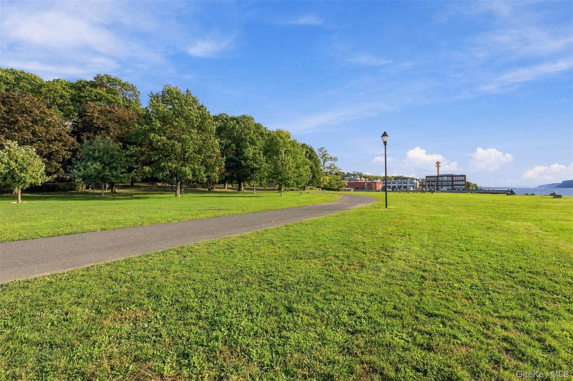 Expansive grassy area with a paved pathway, mature trees, and a distant water feature