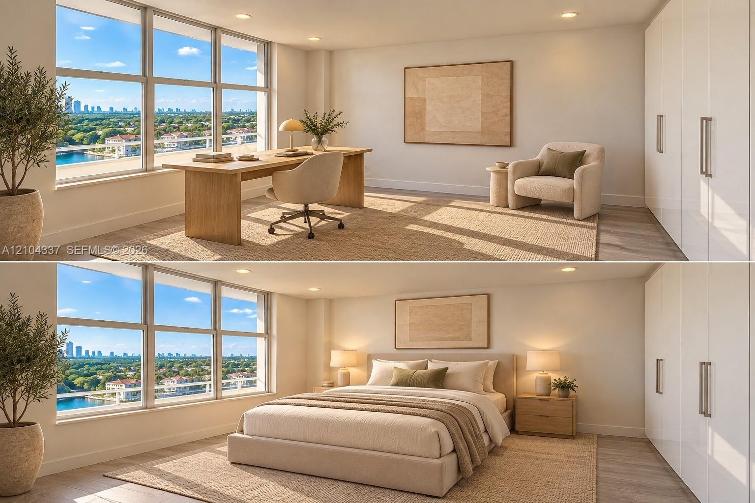 Versatile Den / Guest Suite — Virtually staged to illustrate two possible uses of the space: a private home office or guest bedroom. Floor-to-ceiling 