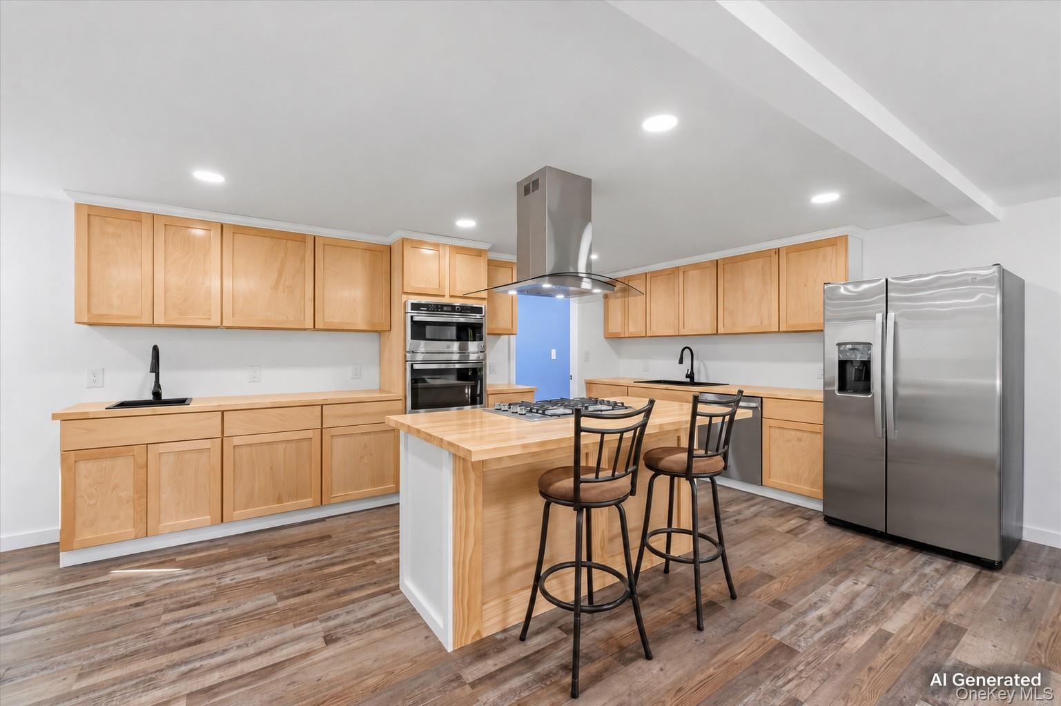Ai generated photo example of kitchen finished with natural cabinetry and counters.
