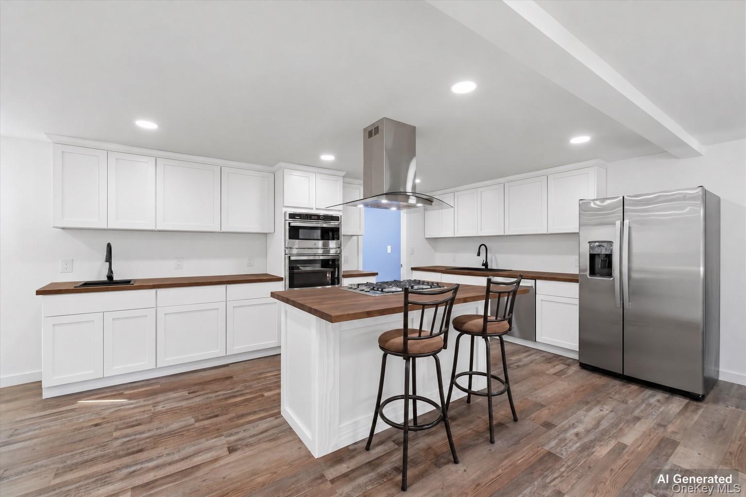 Ai generated photo example of kitchen finished with white cabinetry and dark counters.