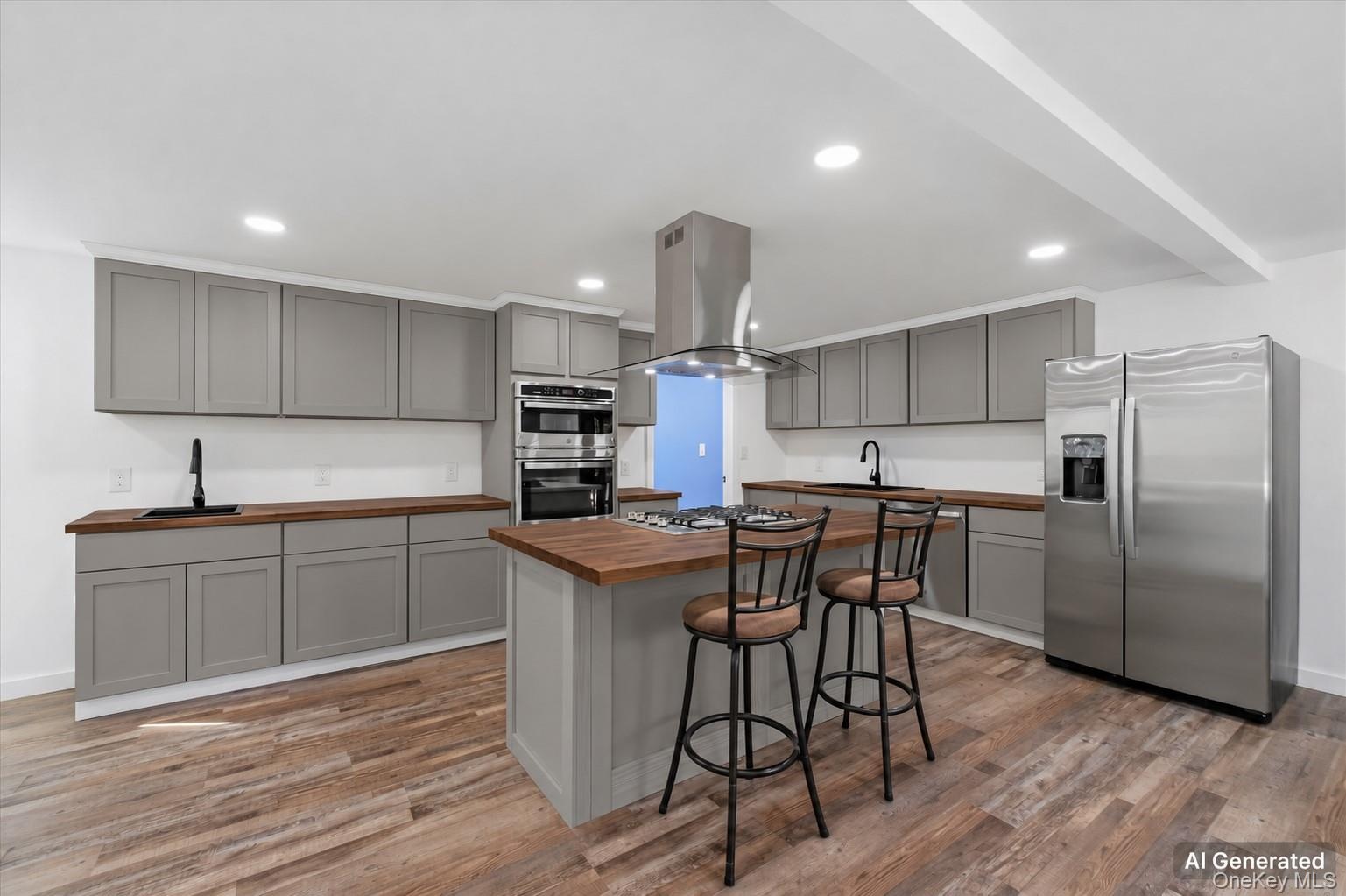 Ai generated photo example of kitchen finished with grey cabinetry and dark counters.