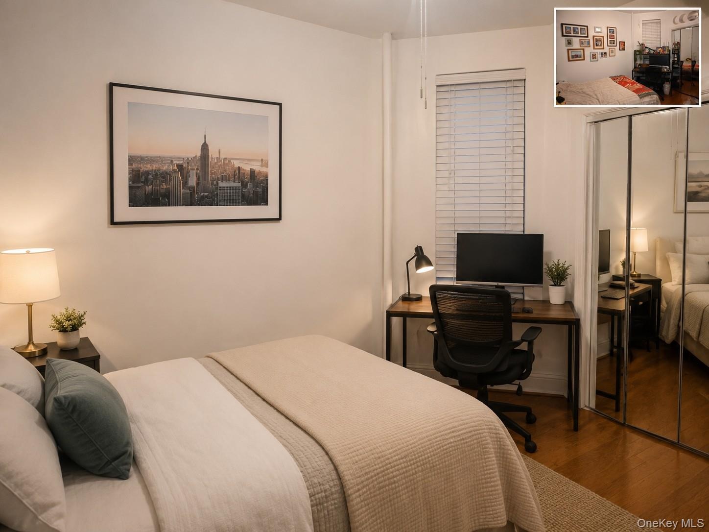 Bedroom featuring wood-finish flooring, a window with horizontal blinds, and mirrored wardrobe doors (virtually staged)