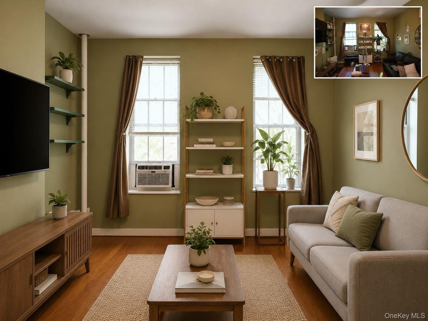 Hardwood-finish flooring features throughout this living space (virtually staged)