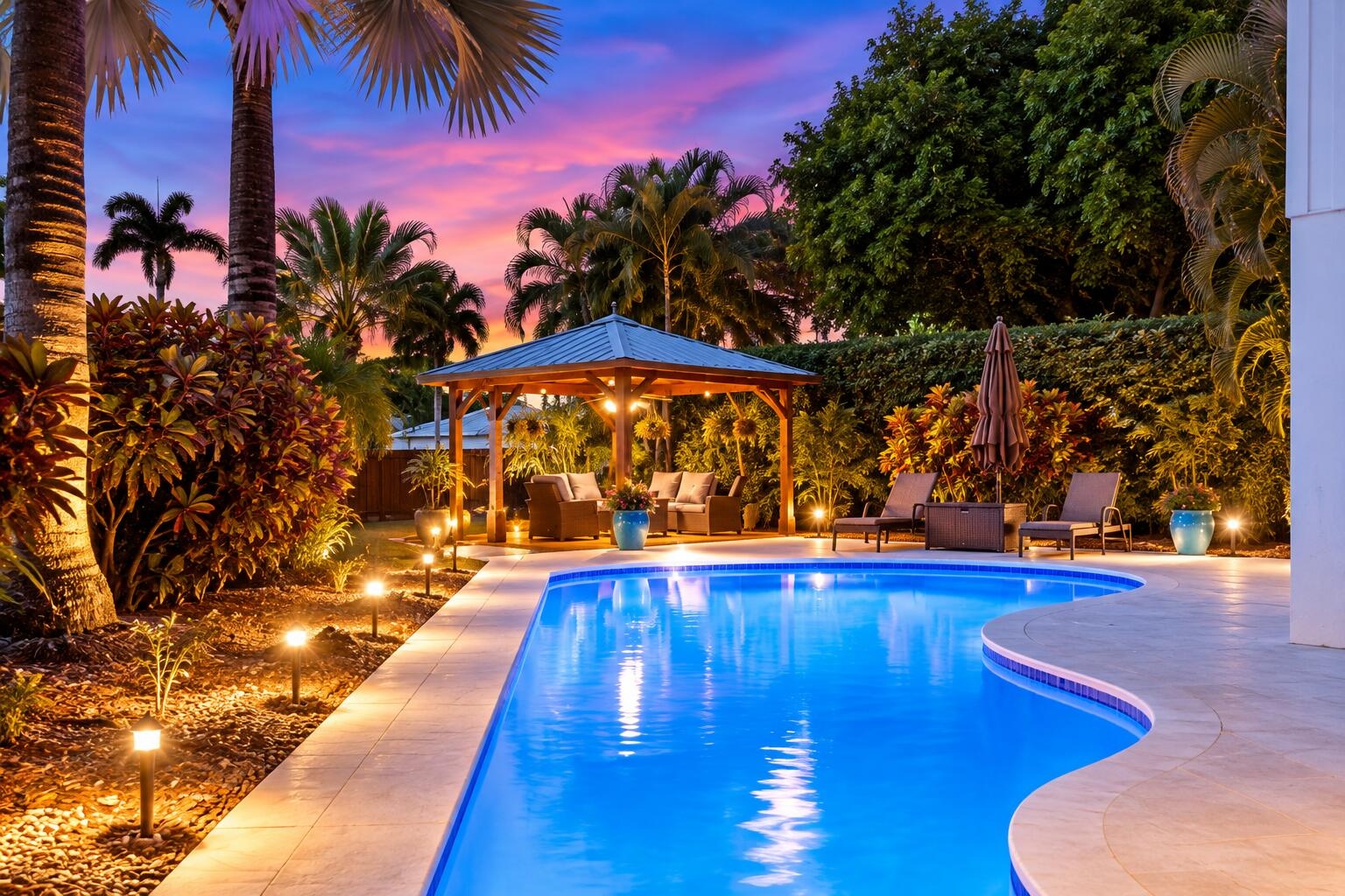 The resort-style pool starts underneath the roof line and expands down the oversized lot. Swim Olympic laps in your own backyard.