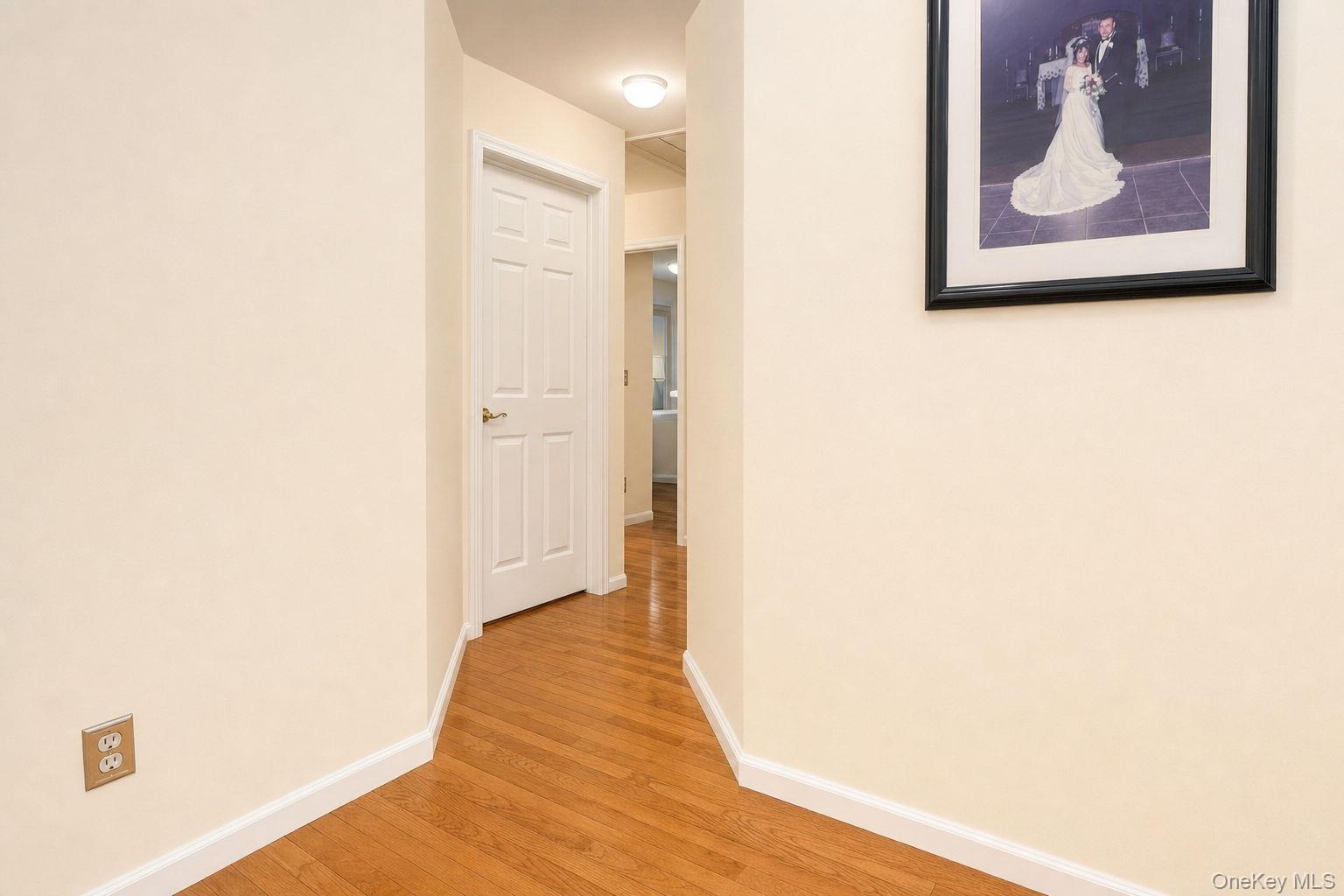 Wood-finish flooring with light-toned walls and white trim