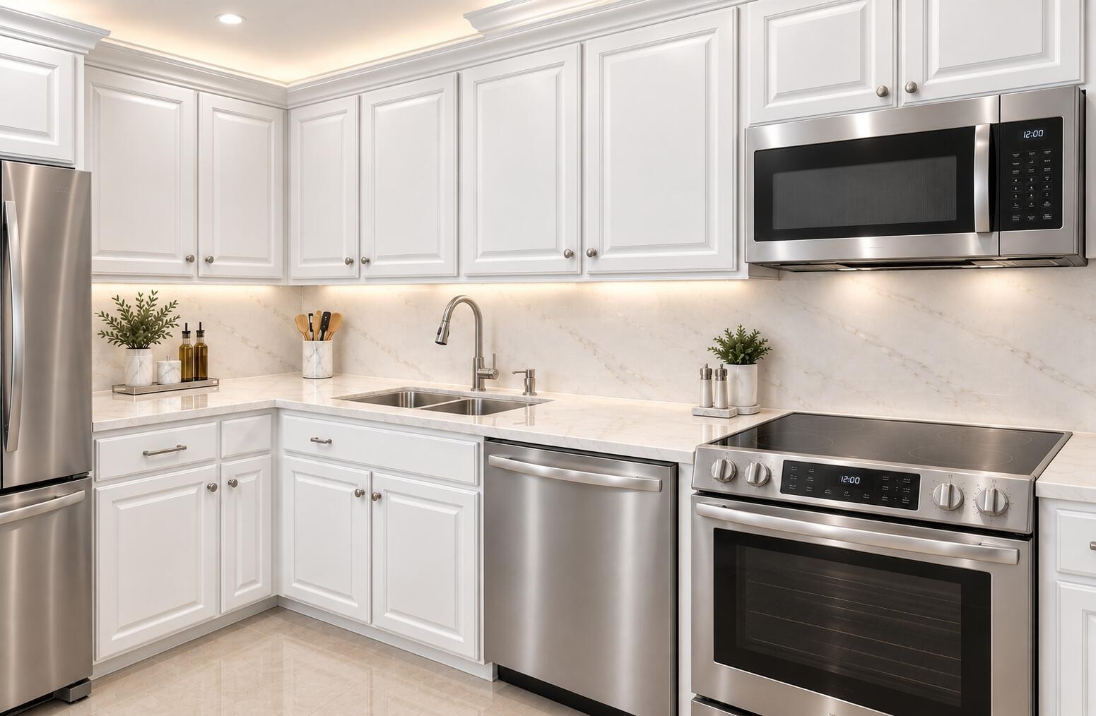 White shaker-style cabinetry, stainless steel appliances, light-toned countertops, undermount sink, and recessed lighting