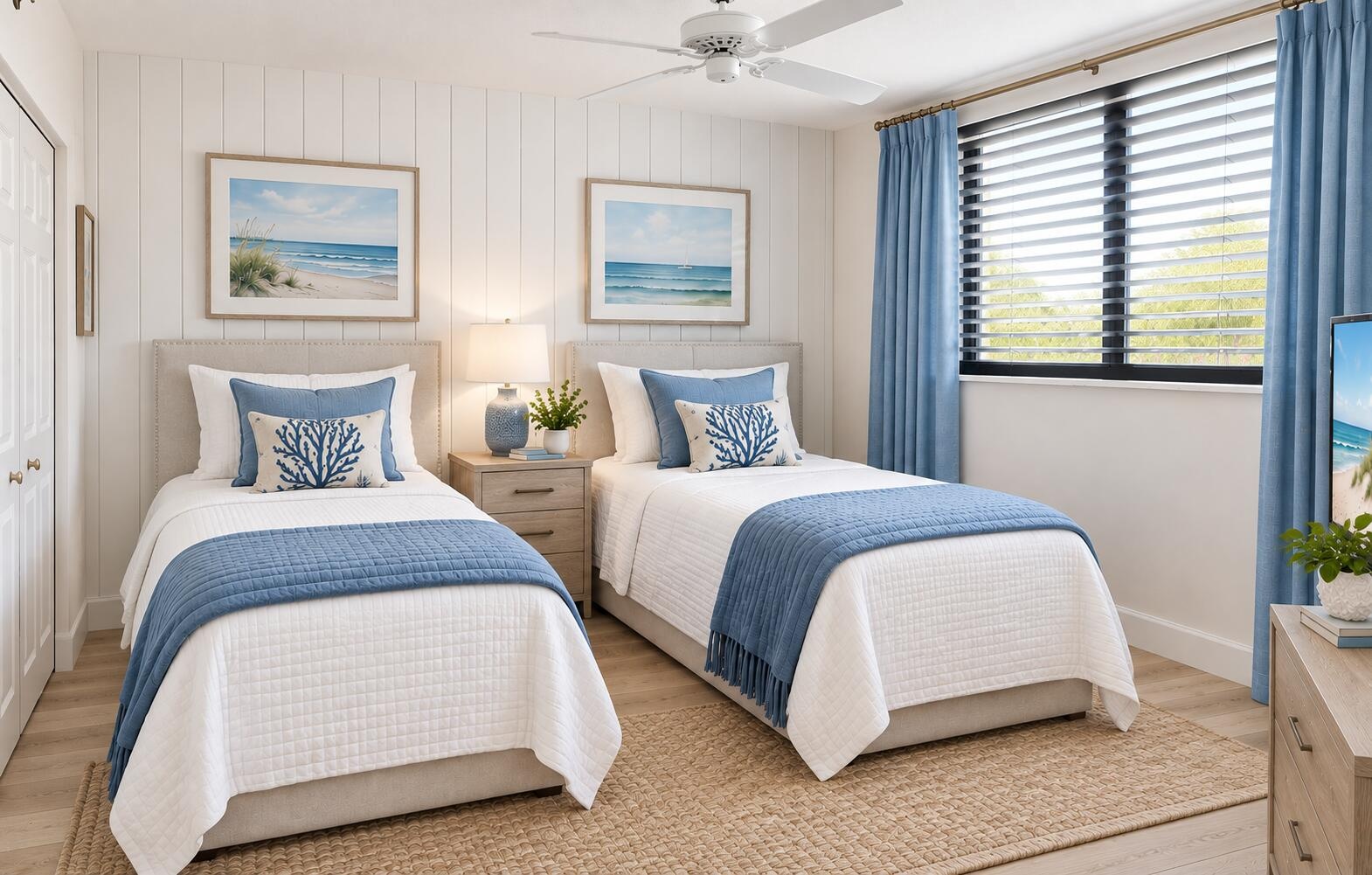 White shiplap wall paneling, light wood-finish flooring, and a white ceiling fan