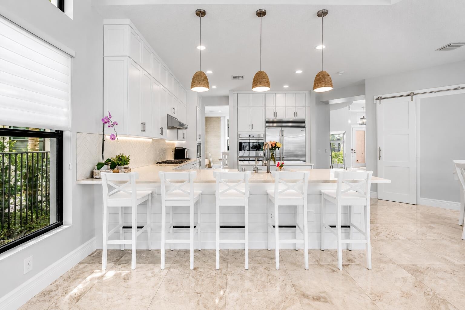 Coastal Kitchen with Bar Seating