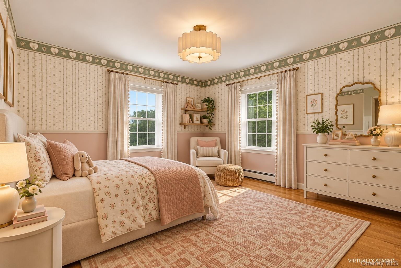 We've embraced the pink and wallpaper and wrapped it up with a modern light fixture and furnishings in this virtually imagined and comfortable room.