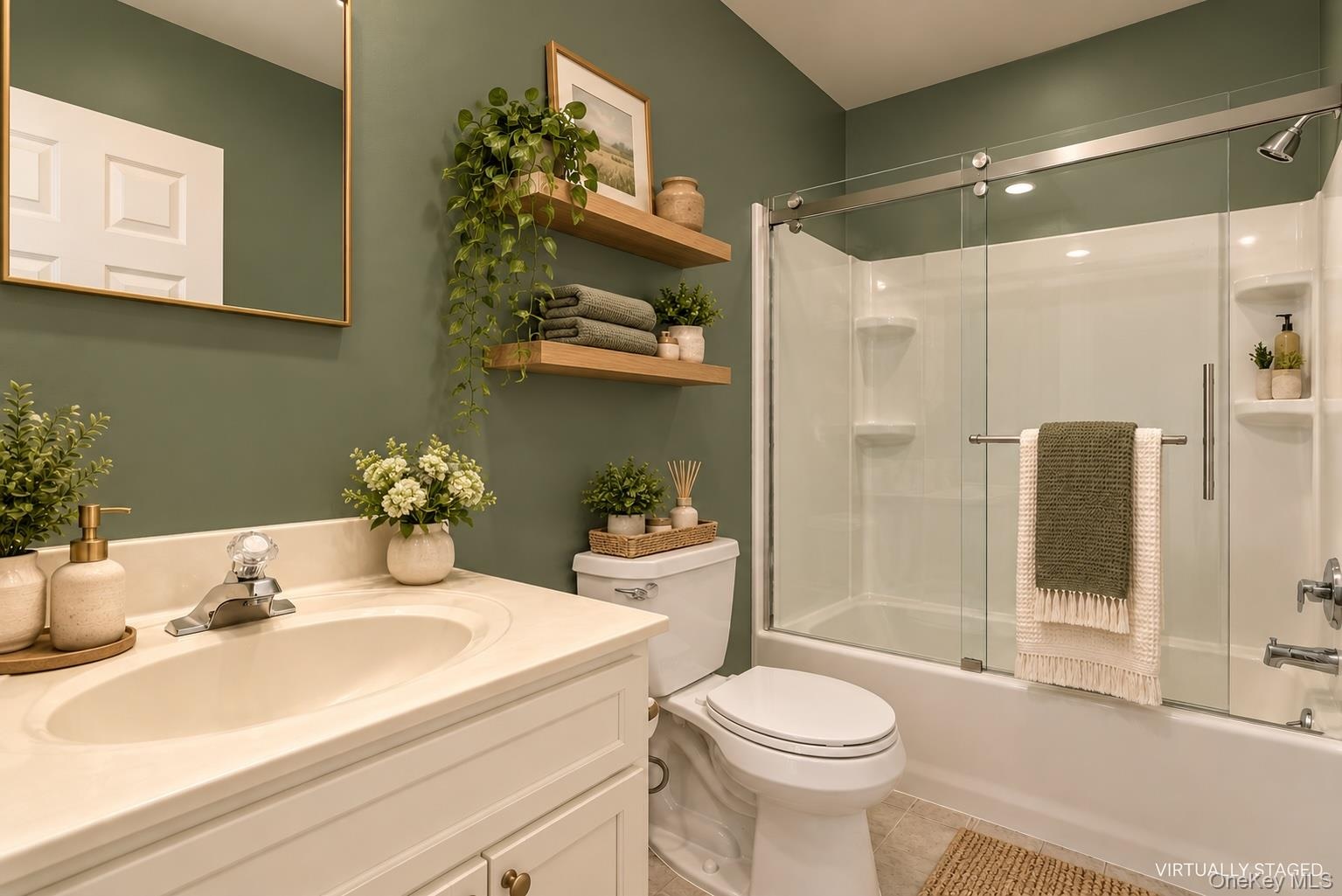 Same space - new color! We've imagined this bath with a painted vanity and swapped out the glass doors - that it! New coat of paint and its a spa sanc