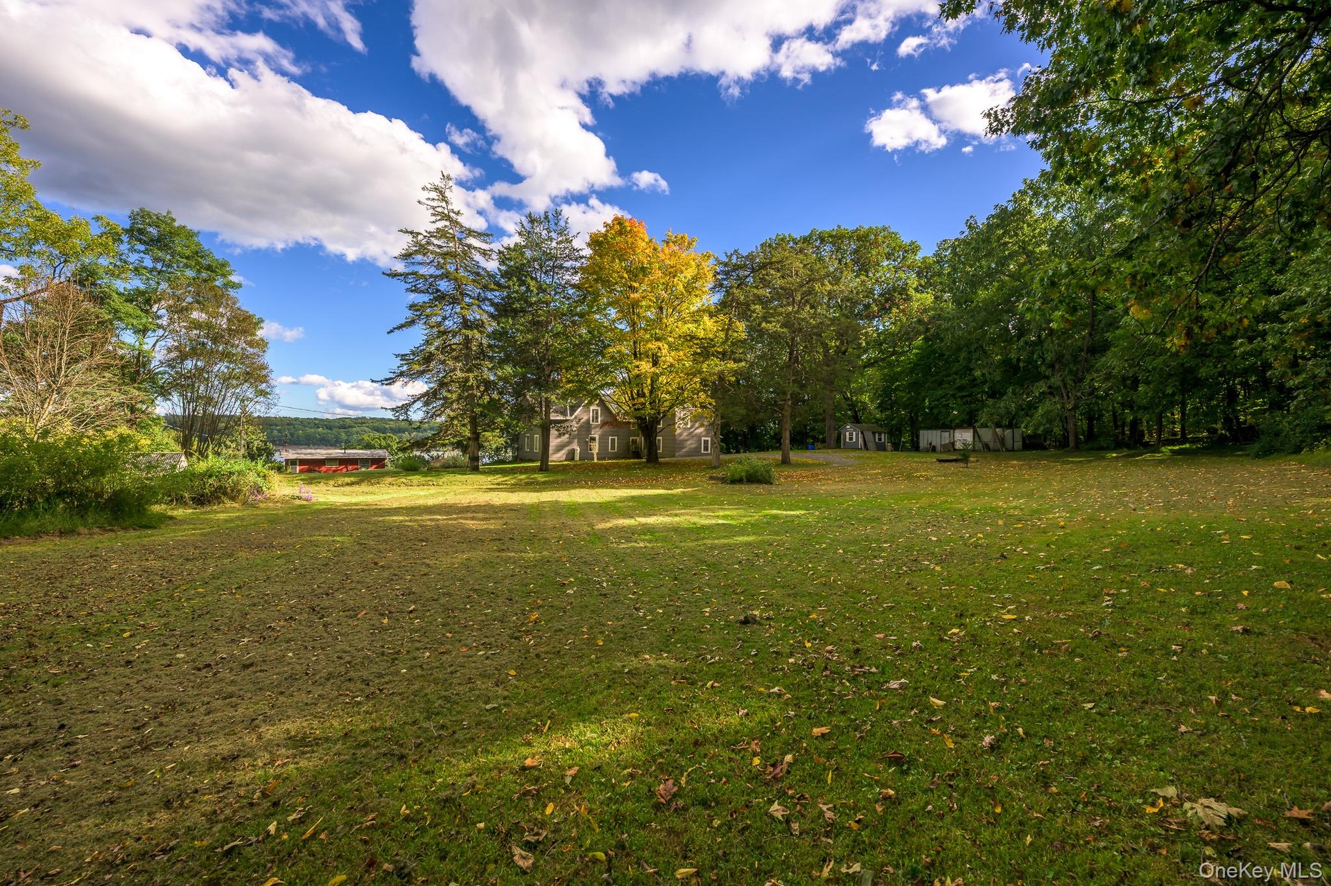Expansive grassy yard with mature trees and distant water