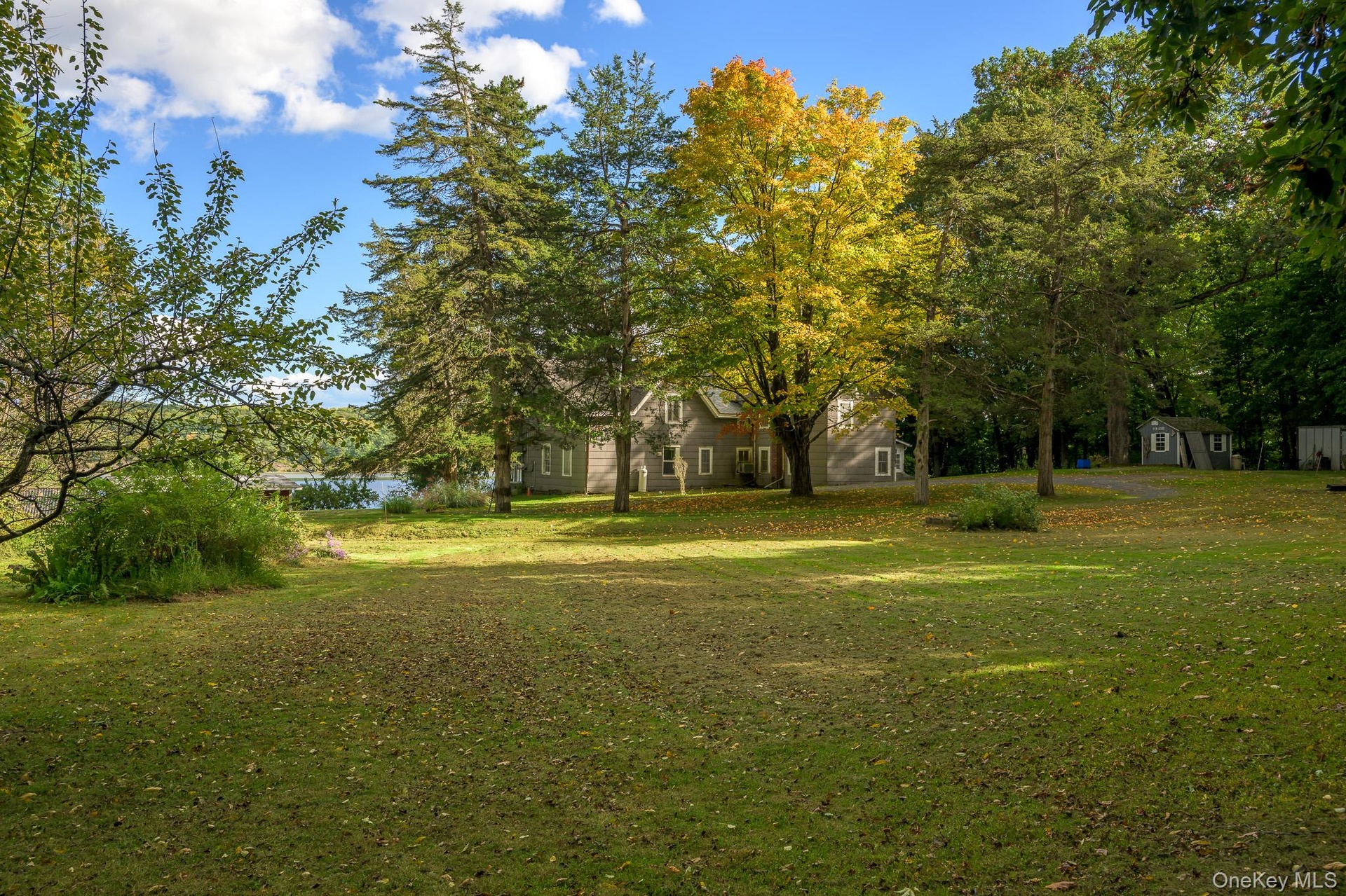 Expansive green lawn with mature trees and a distant body of water